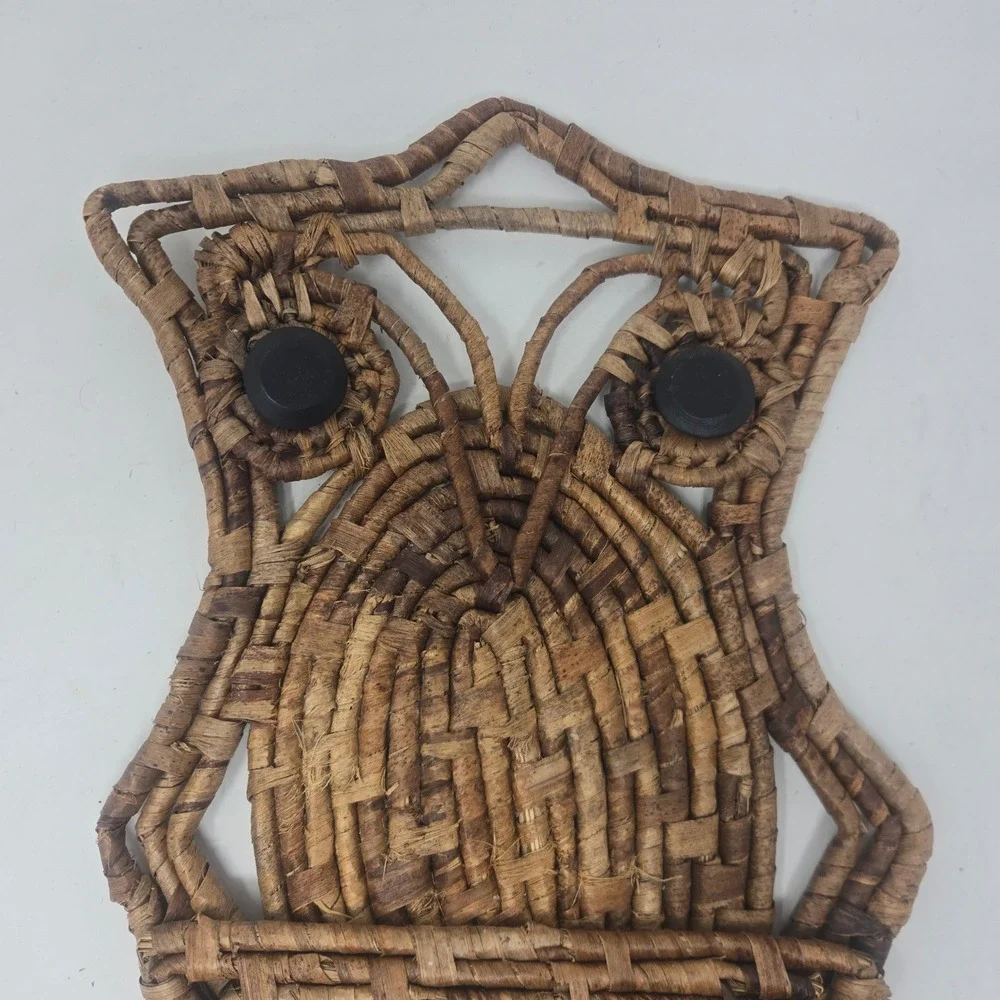 Vintage Woven Wicker Owl Wall Hanging Basket Boho Decor Natural Brown 16.5in